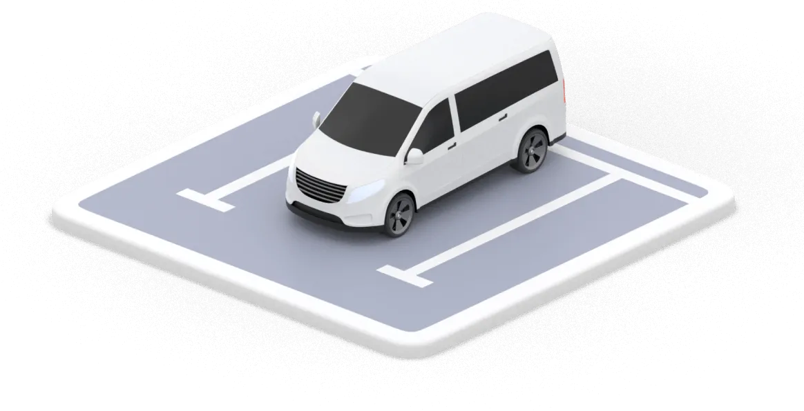 Illustration of a shared minivan parked in a CT Mobility space, representing automated vehicle rentals without the need for telematics