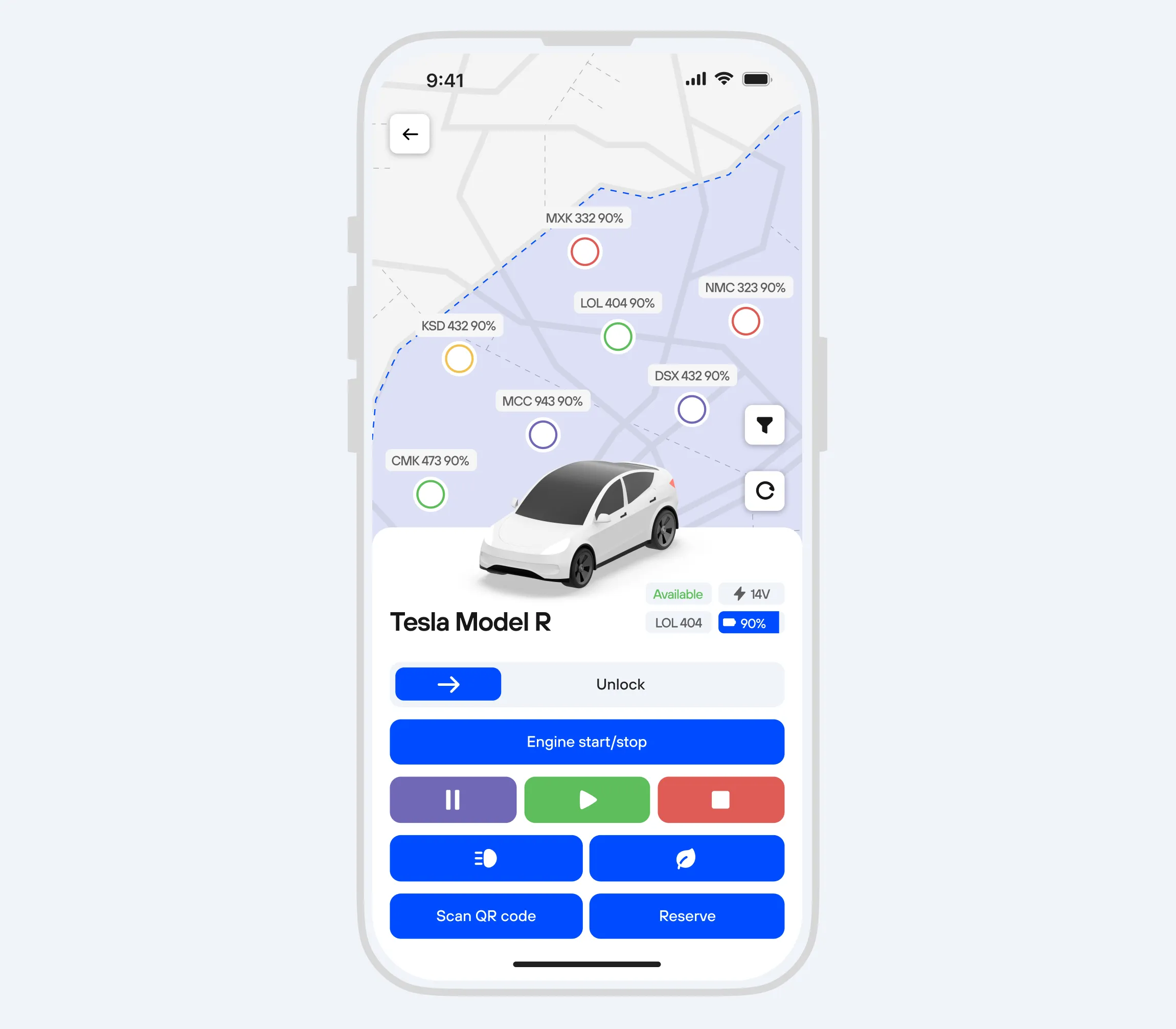 CT Mobility mobile app interface for technicians to manage vehicle operations, monitor battery levels, and assist customers efficiently