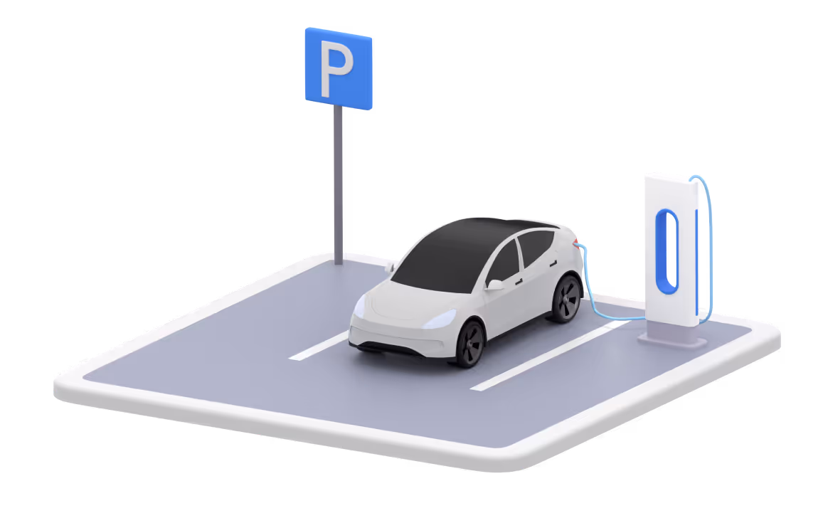 Illustration of an electric car charging at a CT Mobility station, symbolizing easy vehicle sharing among employees with telematics tracking and a booking app