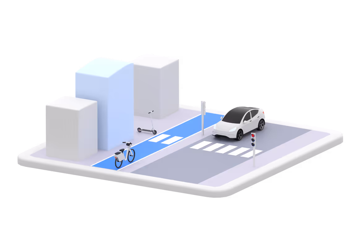 Illustration of a city scene with a car, bike, scooter, and moped sharing lane, representing CT Mobility's full-stack platform for free-floating vehicle sharing