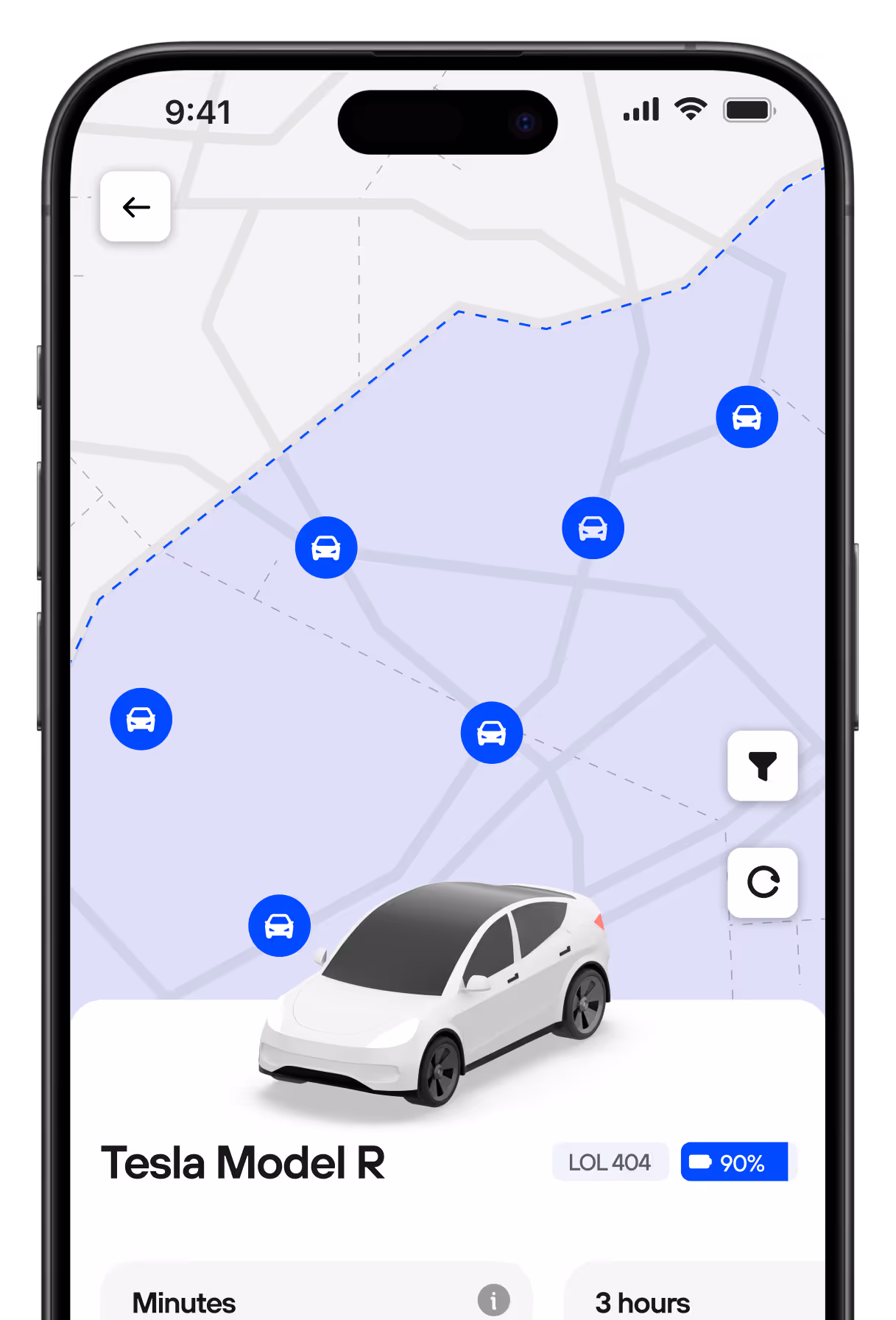 Die App von CT Mobility bietet ein nahtloses Carsharing-Erlebnis mit dem Tesla Model R: Autos auf der Karte finden, Akkustand prüfen und sofort buchen