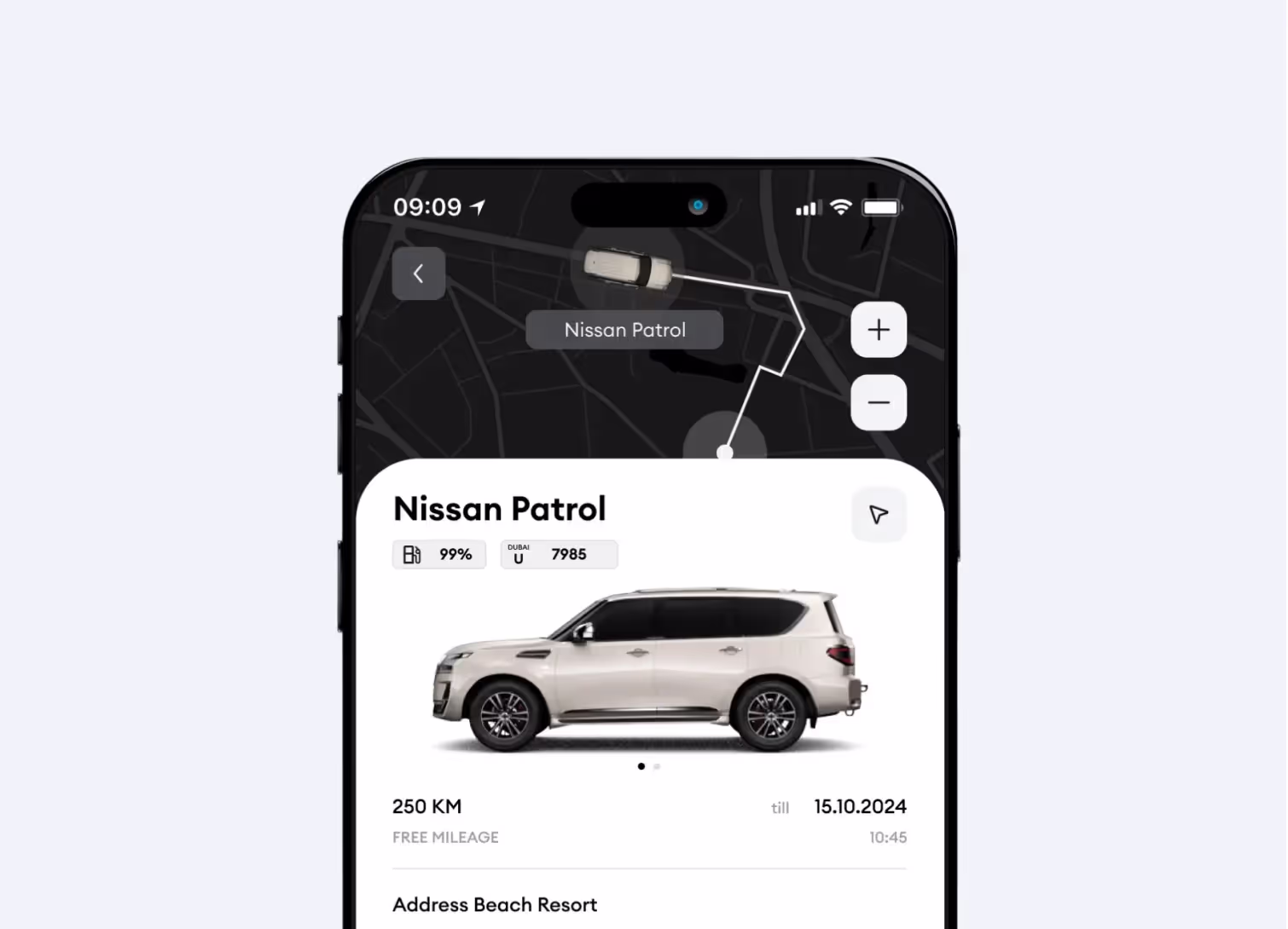 Interfaccia dell'app di noleggio auto con funzioni di prenotazione, monitoraggio e pagamento.