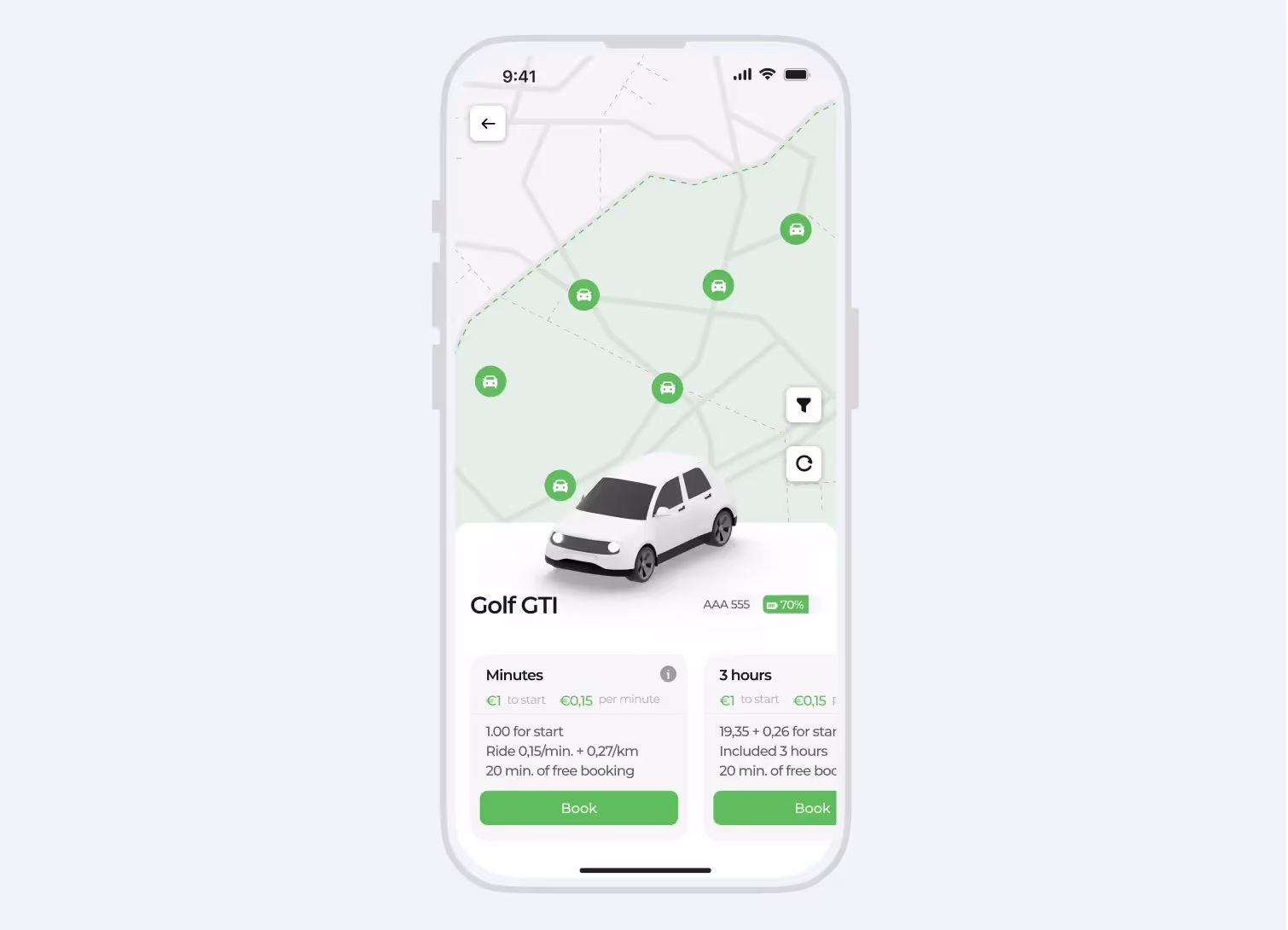 Interfaccia dell'app per gli utenti per prenotare auto, con i veicoli disponibili sulla mappa, i prezzi e le opzioni di noleggio