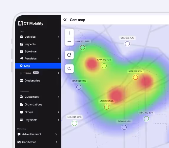 Analytics dashboard displaying fleet performance, heat maps, and efficiency metrics.