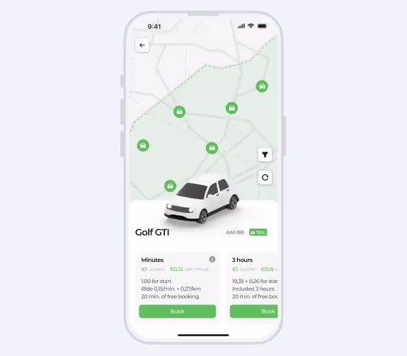User app interface for booking cars, showing available vehicles on the map, pricing, and rental options