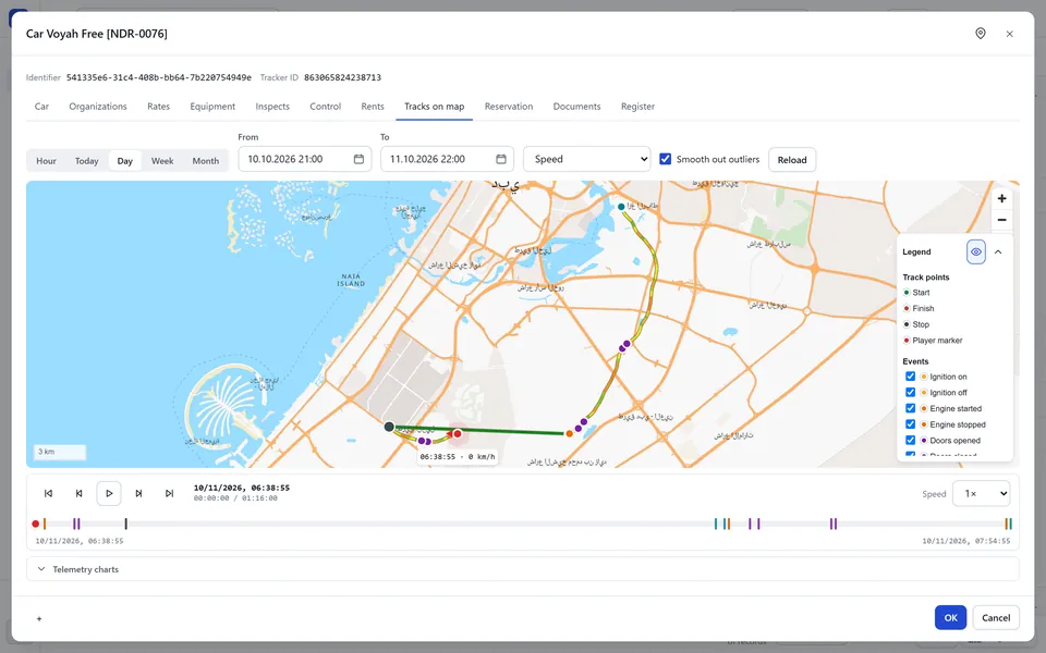 Trip replay on a map with ignition, door and speed events