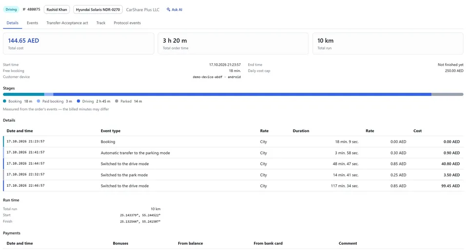 Rental record in the operator console: customer, car, time, distance, billing lines in AED and the start and finish points