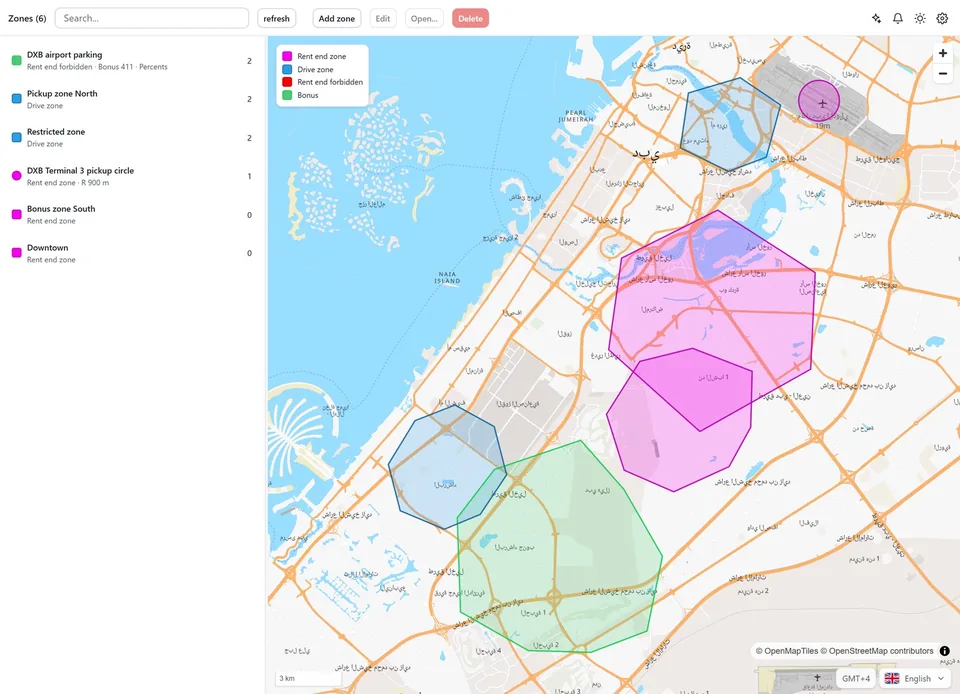 Zones on the Dubai map: rent-end zones, drive zones, restricted zone and an airport parking zone