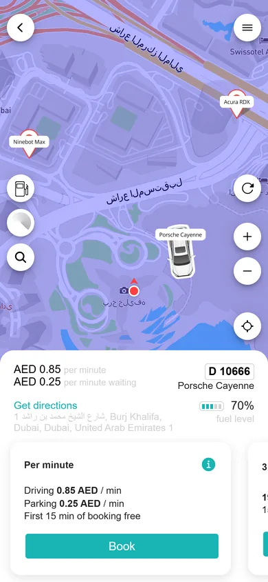 Car card with per-minute rates in AED, fuel level and the Book button