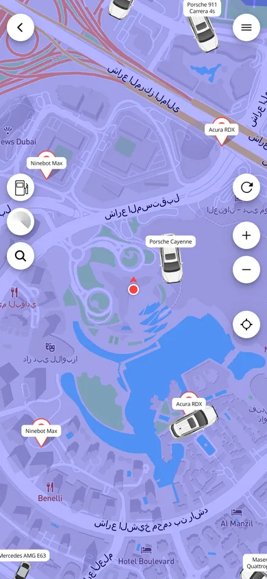 Customer app map with available cars near Burj Khalifa