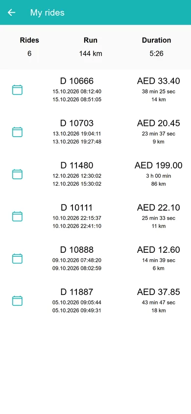 Ride history in the customer app with time, distance and cost in AED