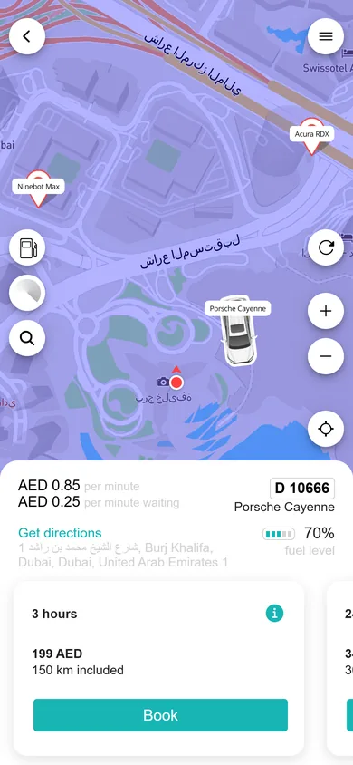 Rate packages in the app: 3 hours for 199 AED with 150 km included