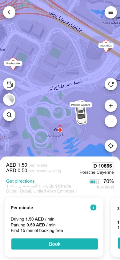 Rider app car card with per-minute rates in AED and a Book button
