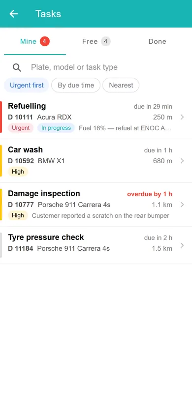 Technician app: the technician's tasks sorted urgent first, with due time and distance