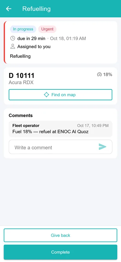 Technician app: urgent refuelling task in progress for a car at 18% fuel