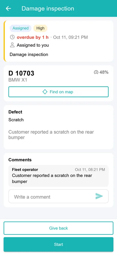 Technician app damage inspection task created from a customer report