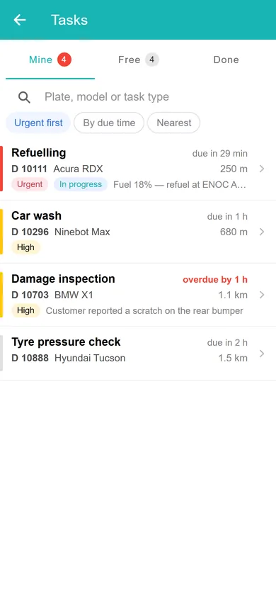 Technician app task list with priorities, due times and the distance to each car
