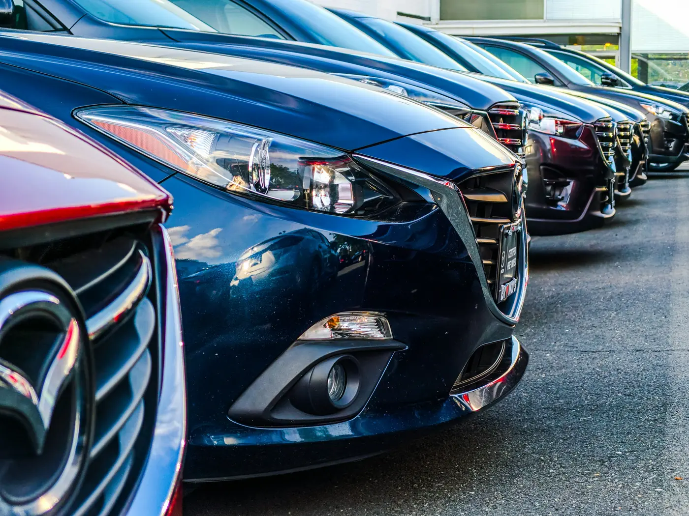 Row of parked cars, close-up of the front ends
